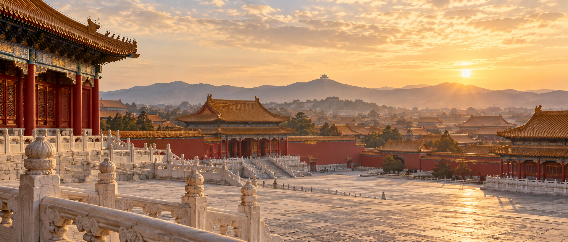 Beijing imperial architecture at sunset — destination-inspired illustration