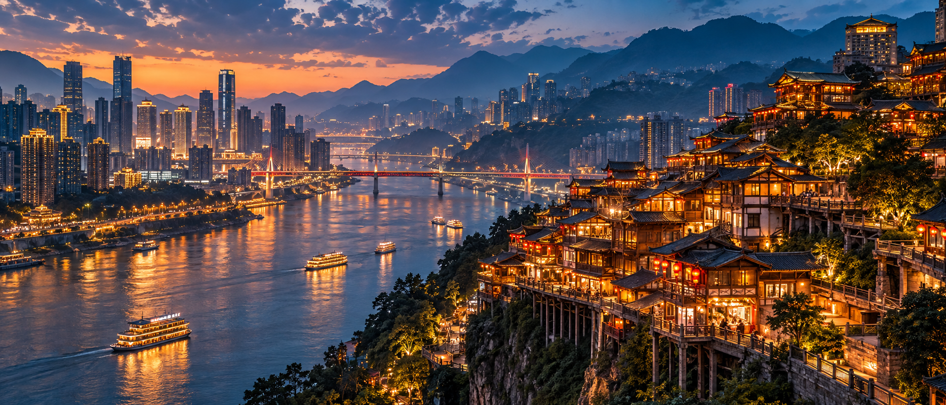 Chongqing riverside at dusk — destination-inspired illustration