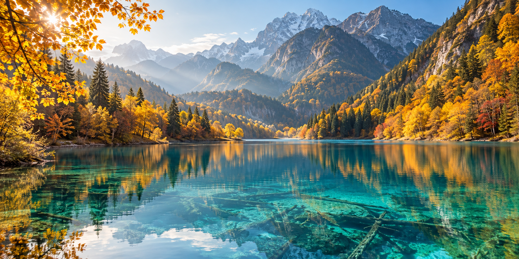 Jiuzhai Valley mountain lakes — destination-inspired illustration