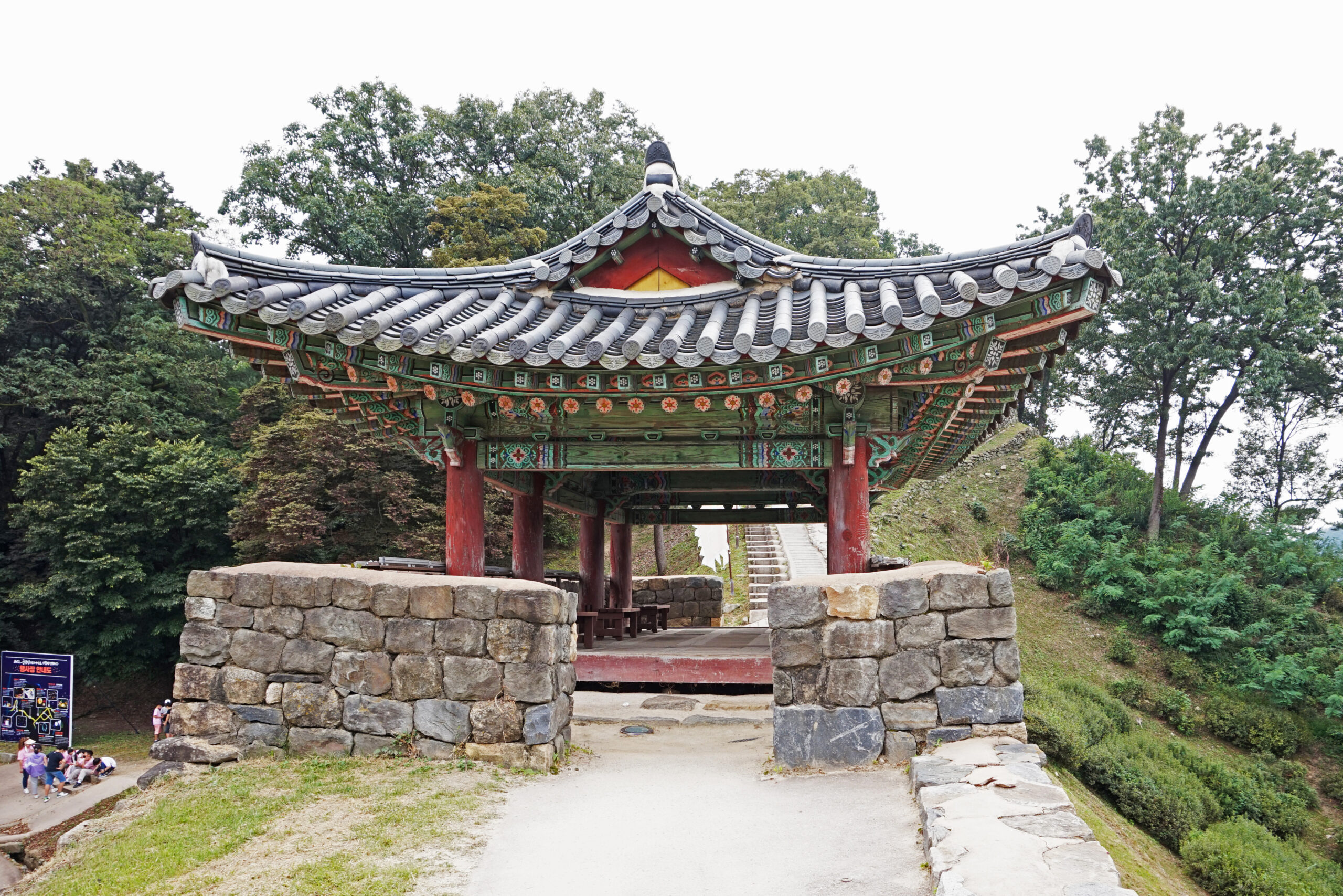 Painted pavilion and stone walls at Gongsanseong Fortress in Gongju